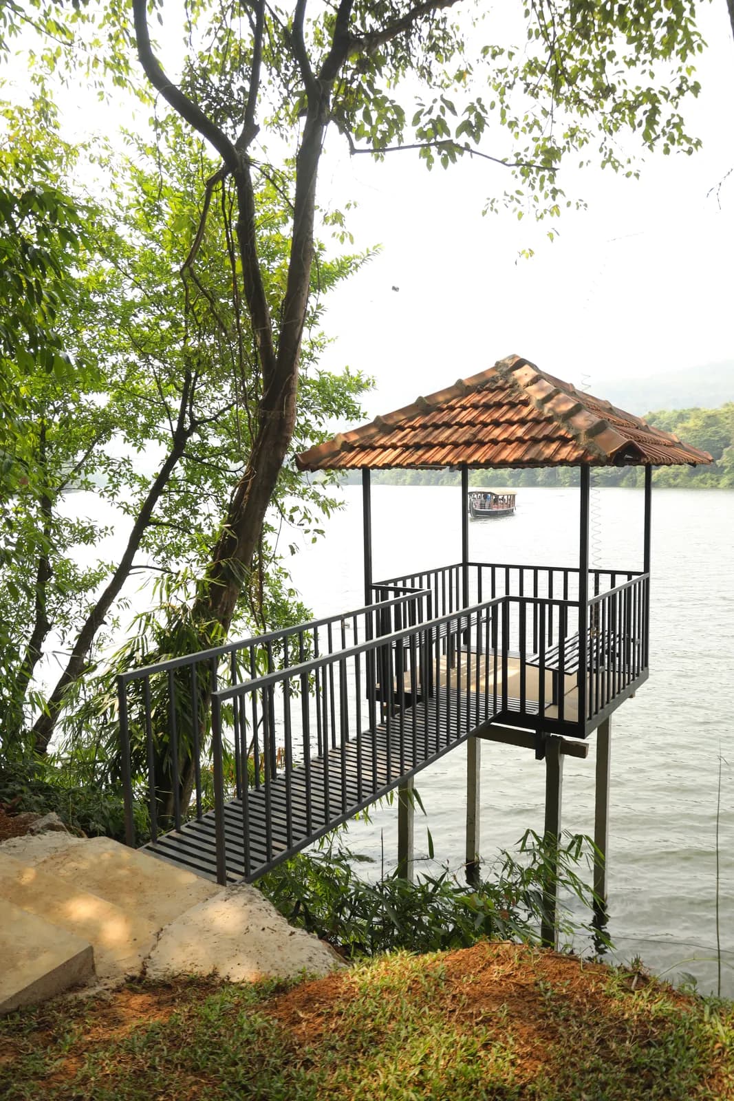 The riverside deck beneath the trees